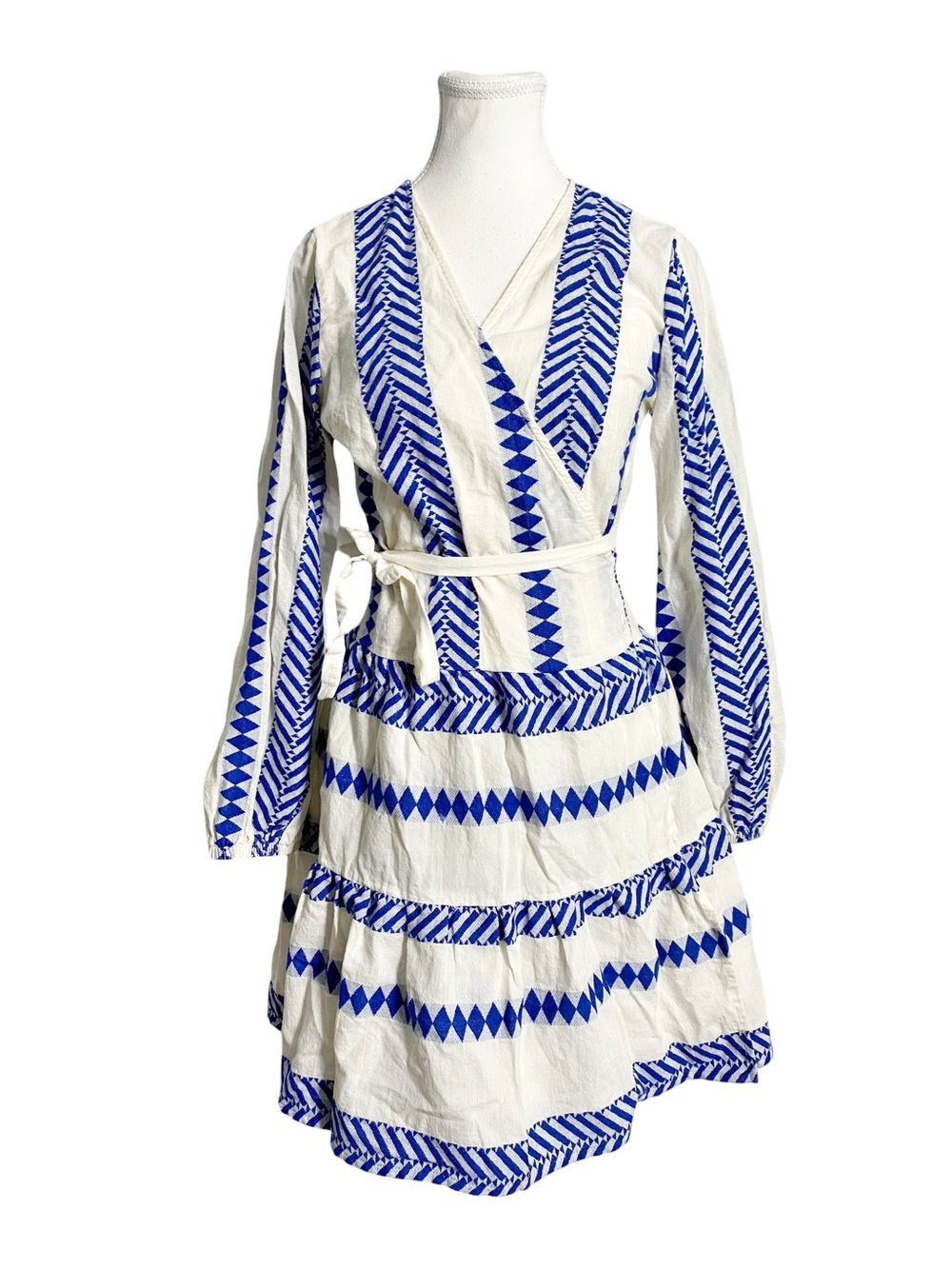 Kasia XS White & Blue Geometric
Wrap Mini Dress Greece